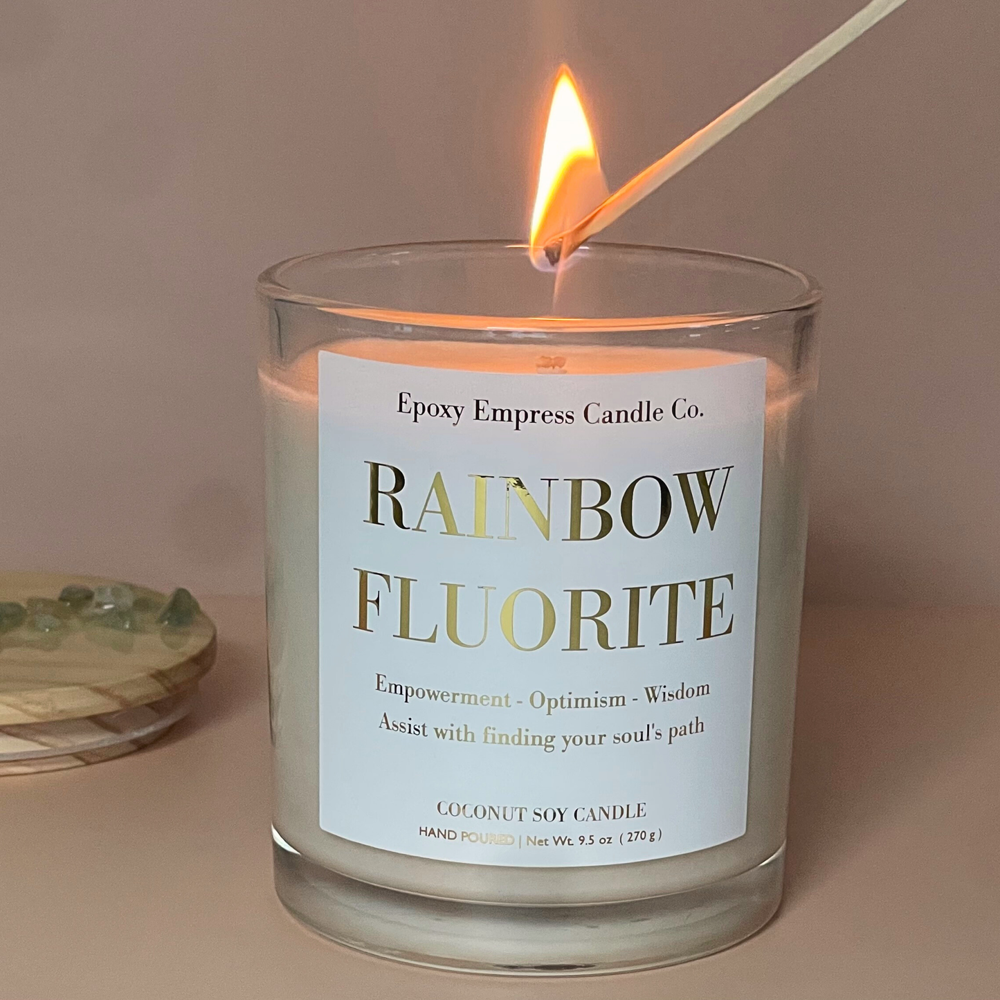 Rainbow Fluorite Crystal Candle – Aloe & Patchouli