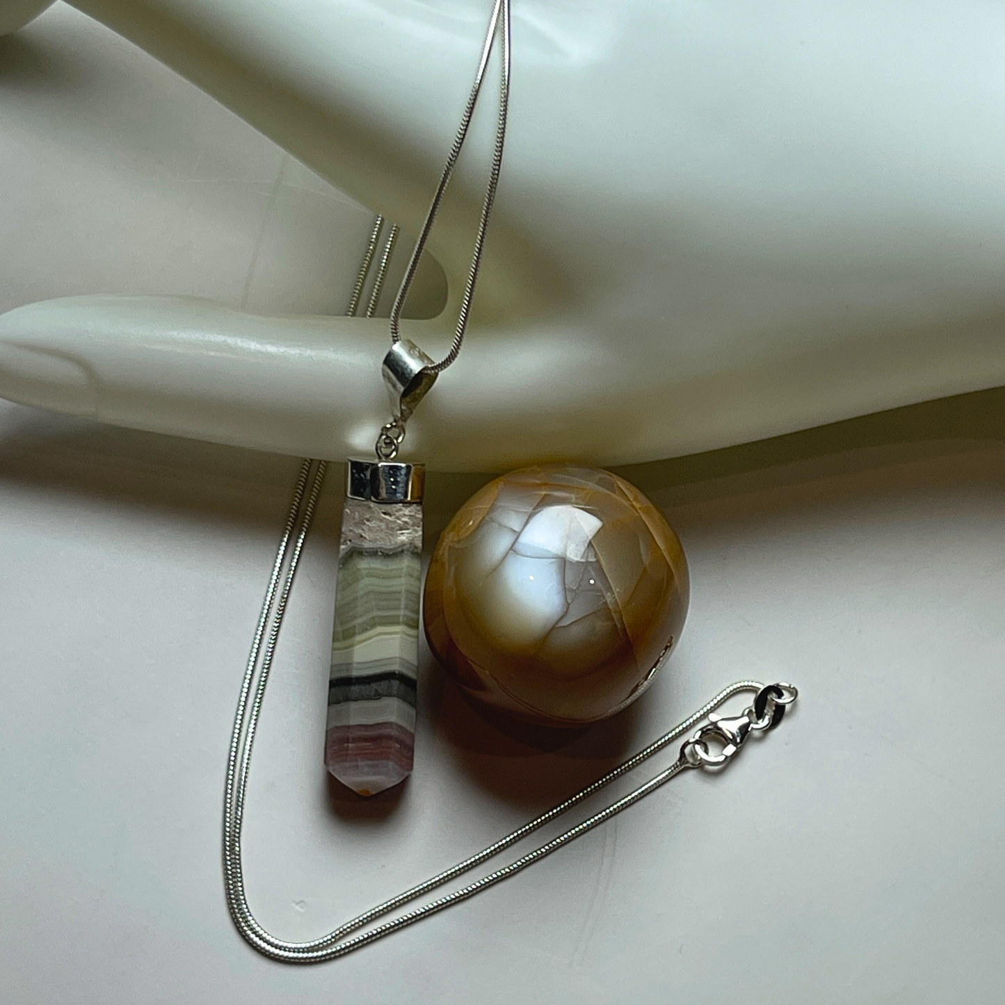 DRIFT - Banded Onyx Pendant Necklace + Mini Moonstone Sphere