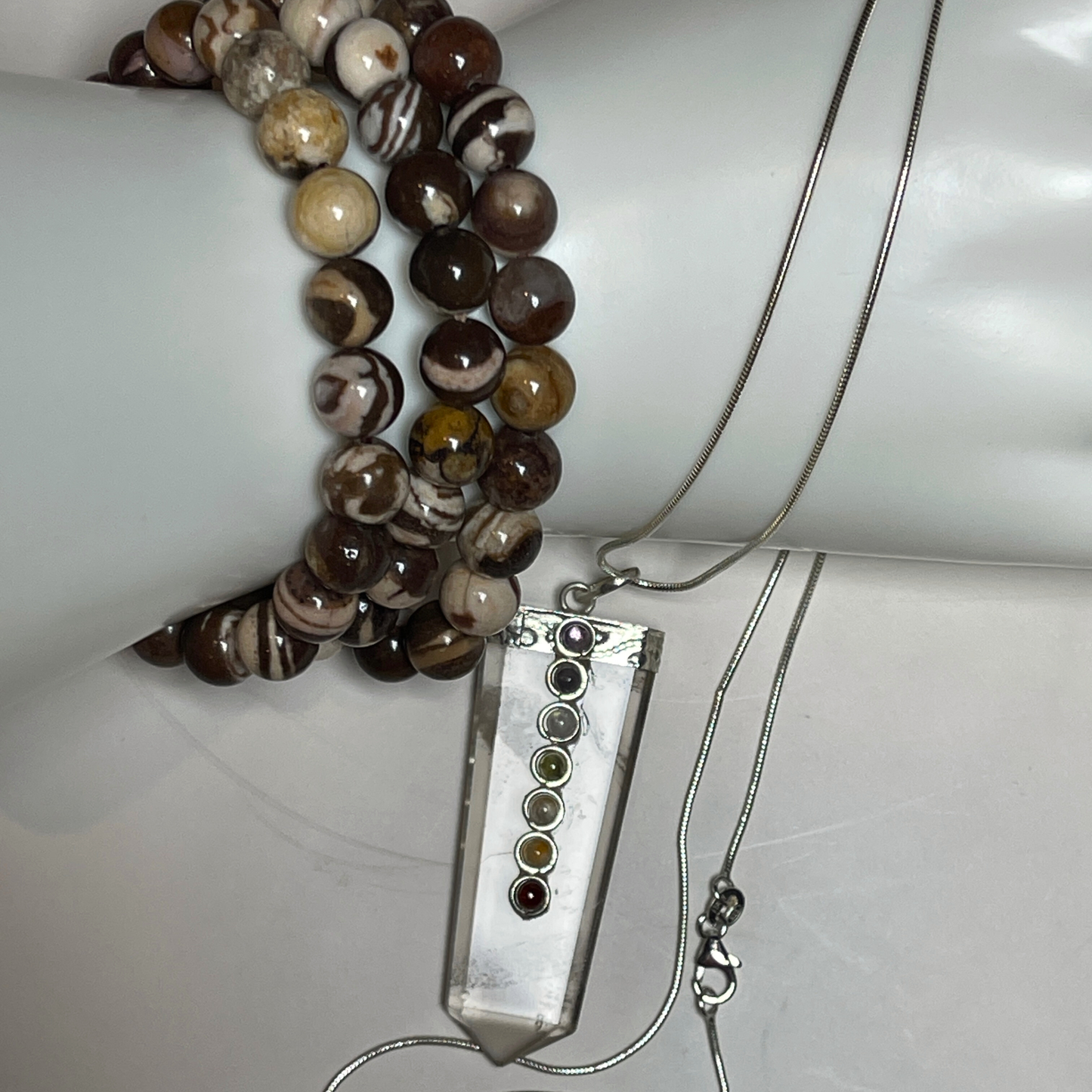 STILL - Clear Quartz Pendant Necklace + Zebra Jasper Bracelet