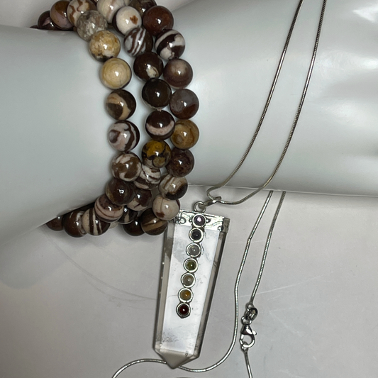 STILL - Clear Quartz Pendant Necklace + Zebra Jasper Bracelet