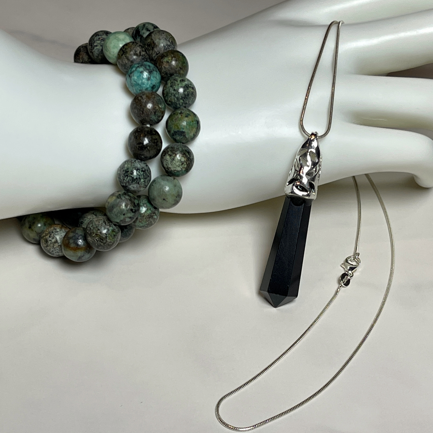 PULSE - Obsidian Pendant Necklace + African Turquoise Bracelet