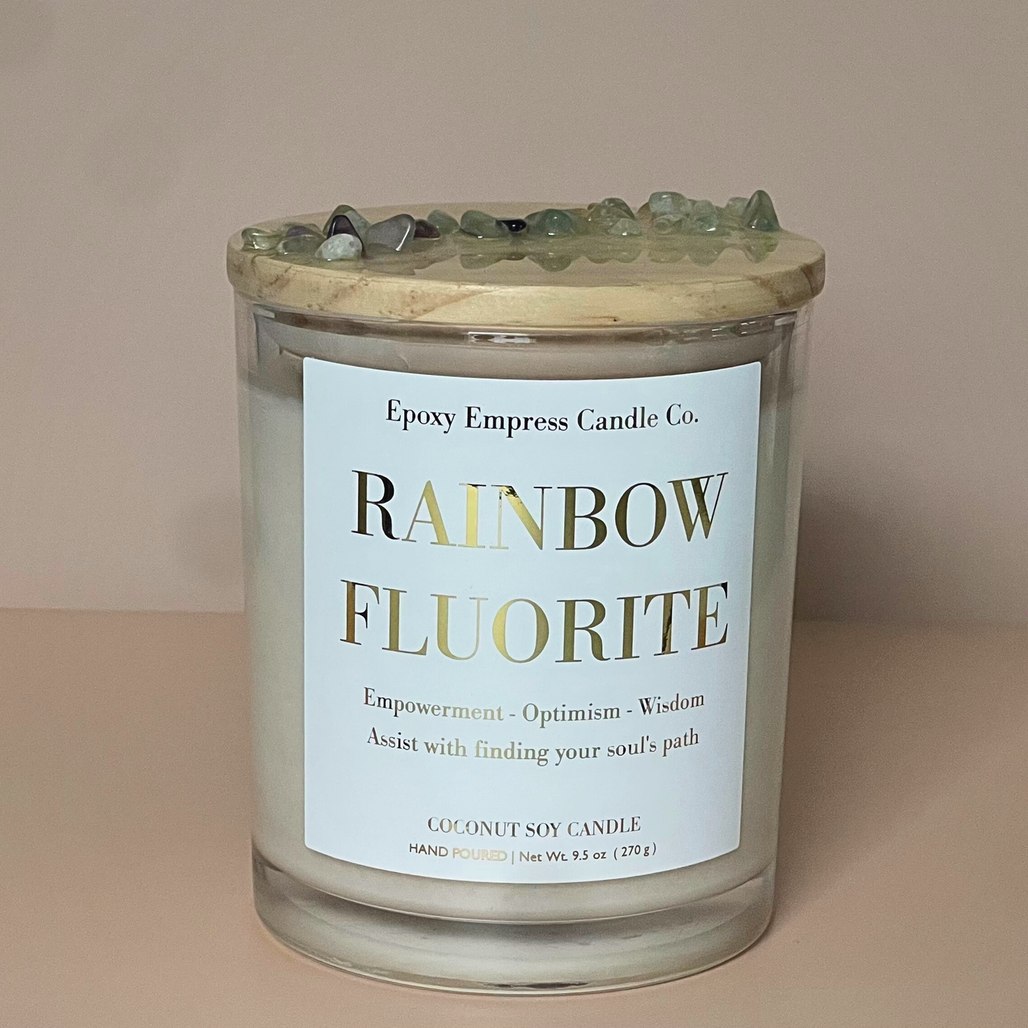 Rainbow Fluorite Crystal Candle – Aloe & Patchouli