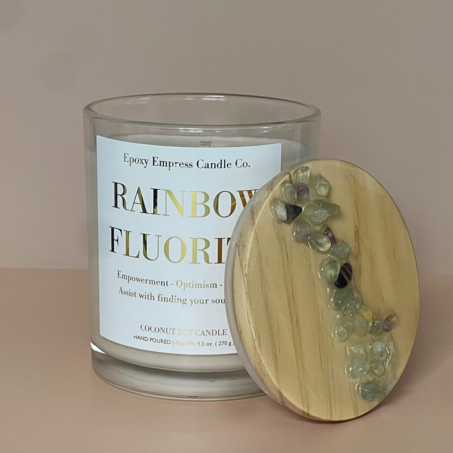 Rainbow Fluorite Crystal Candle – Aloe & Patchouli