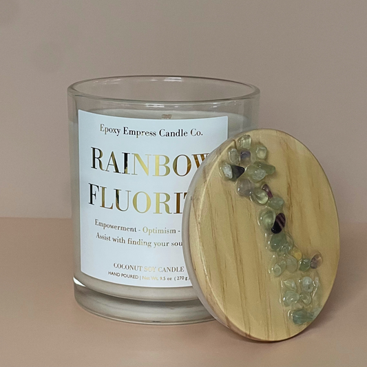 Rainbow Fluorite Crystal Candle – Aloe & Patchouli