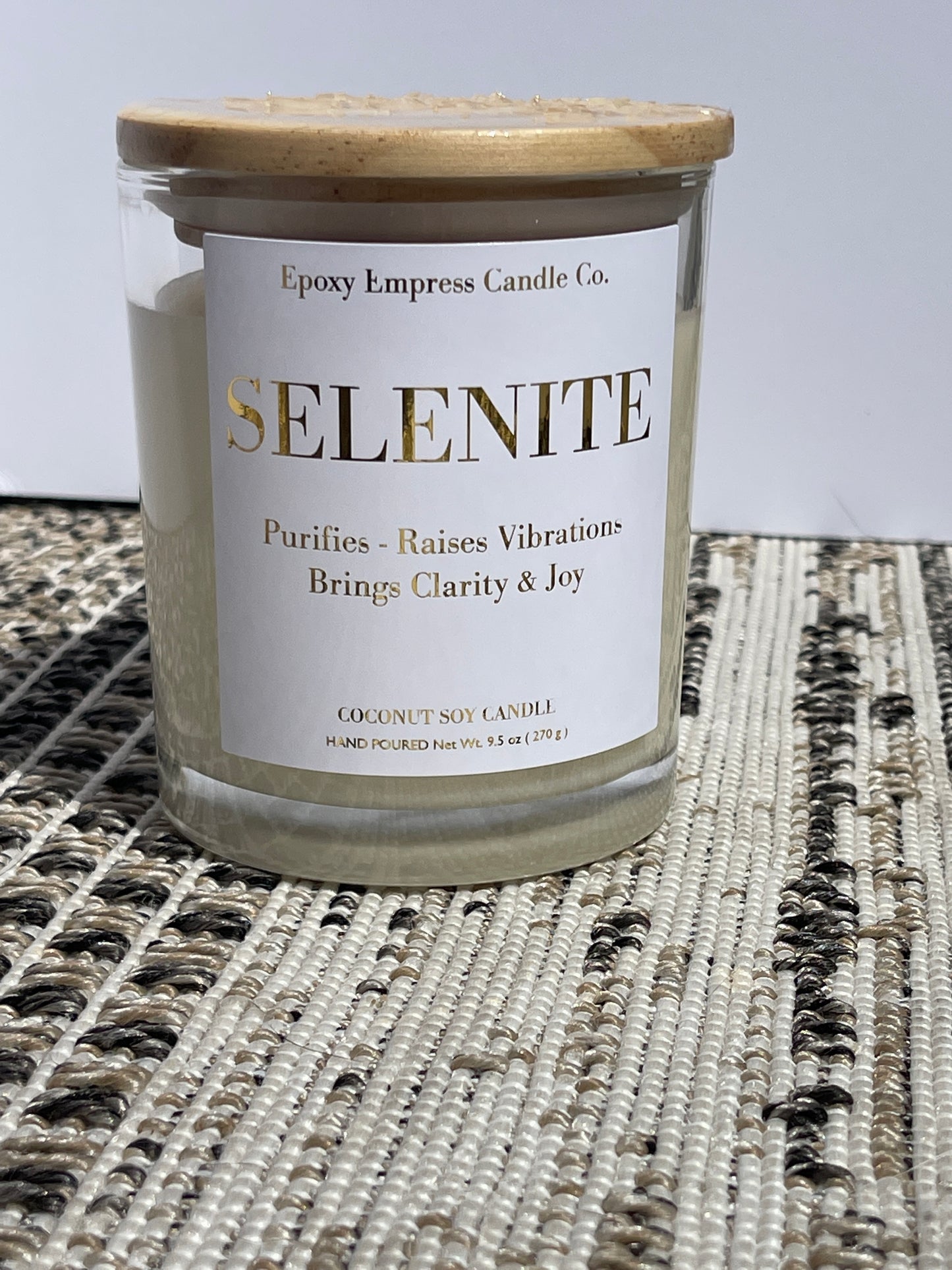 Selenite Crystal Candle – Citrus & Wood