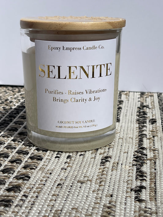 Selenite Crystal Candle – Citrus & Wood