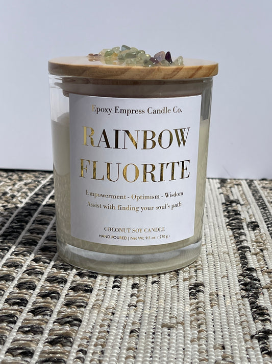 Rainbow Fluorite Crystal Candle – Aloe & Patchouli