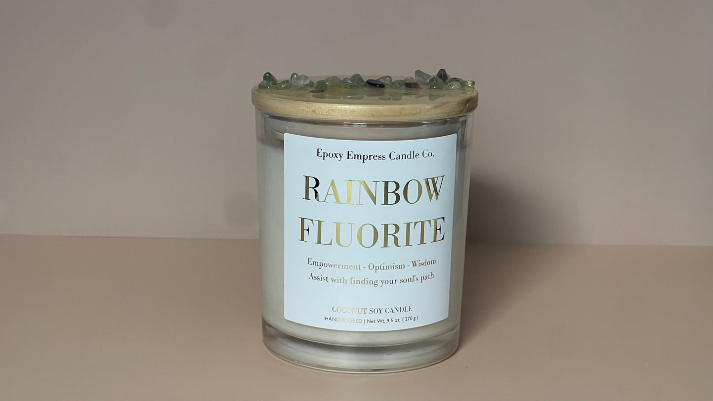 Rainbow Fluorite Crystal Candle – Aloe & Patchouli
