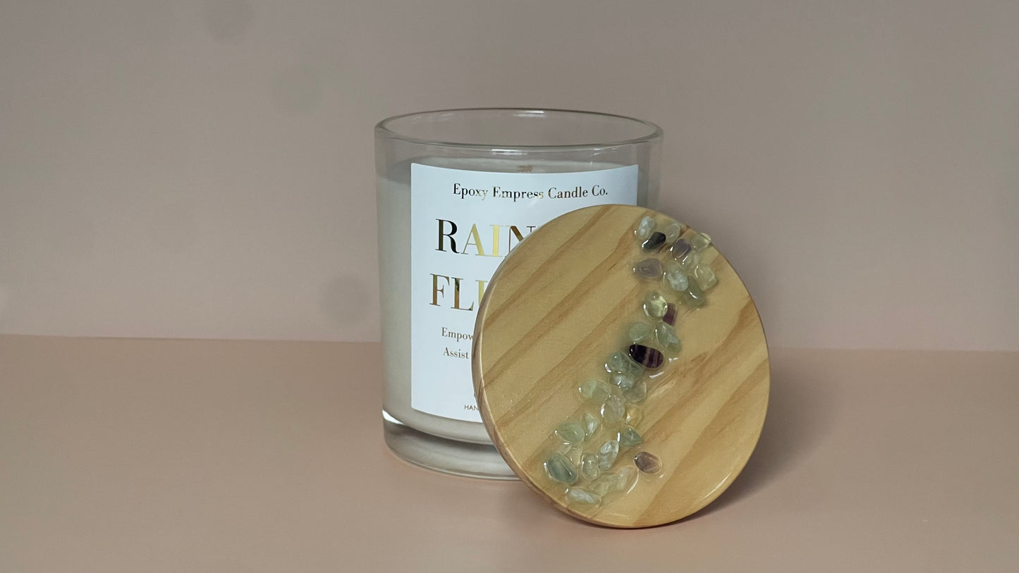 Rainbow Fluorite Crystal Candle – Aloe & Patchouli