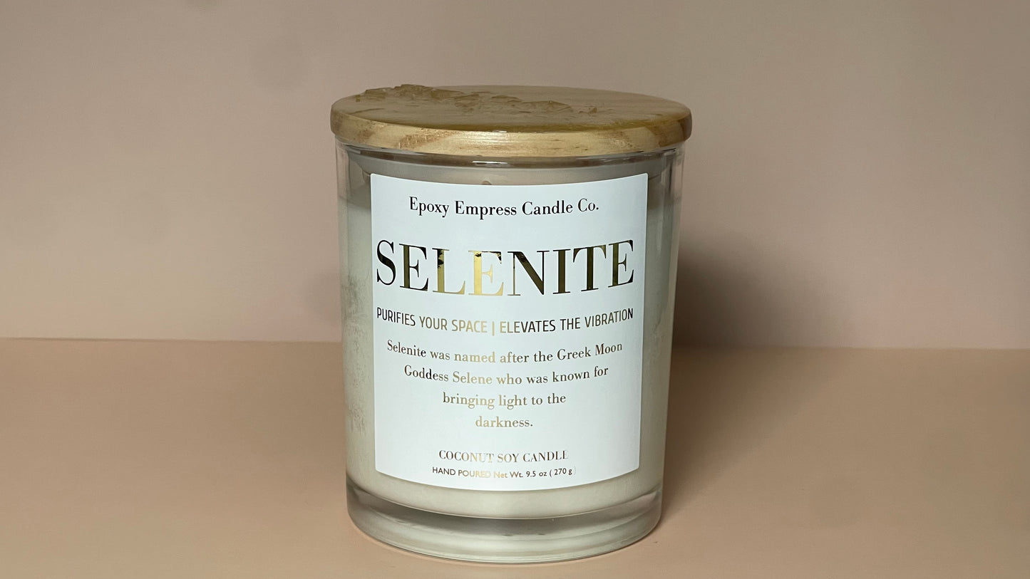 Selenite Crystal Candle – Citrus & Wood