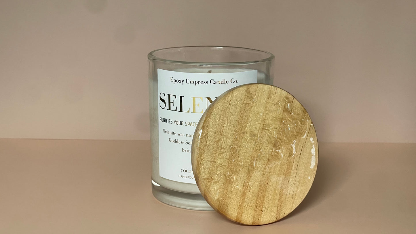 Selenite Crystal Candle – Citrus & Wood