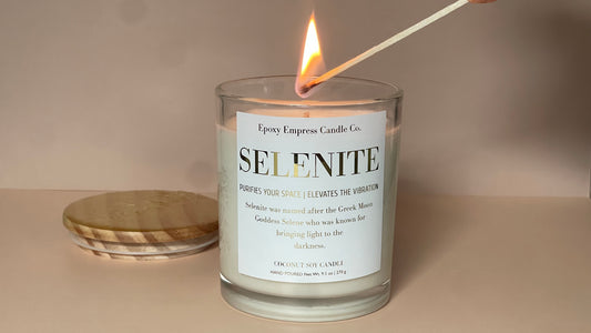 Selenite Crystal Candle – Citrus & Wood