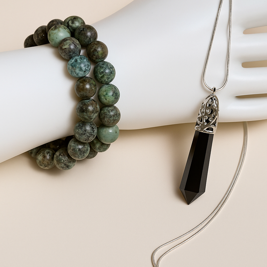 Pathfinder — Obsidian & African Turquoise Jewelry Set